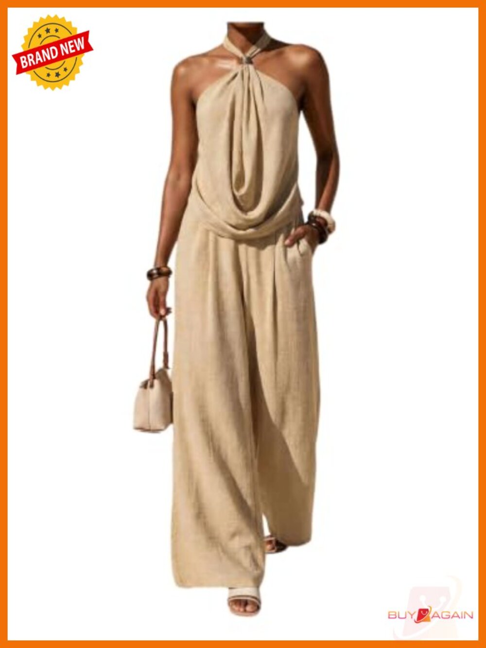 2 Piece Halter Cowl Neck Top Wide Leg Pants Set with Pockets